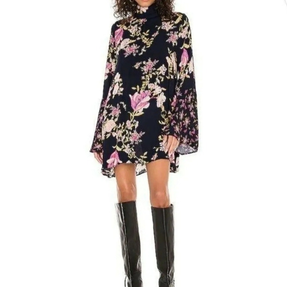 Free People Floral Mock Neck Bell Sleeve Keyhole Back Mini Dress Navy Blue S